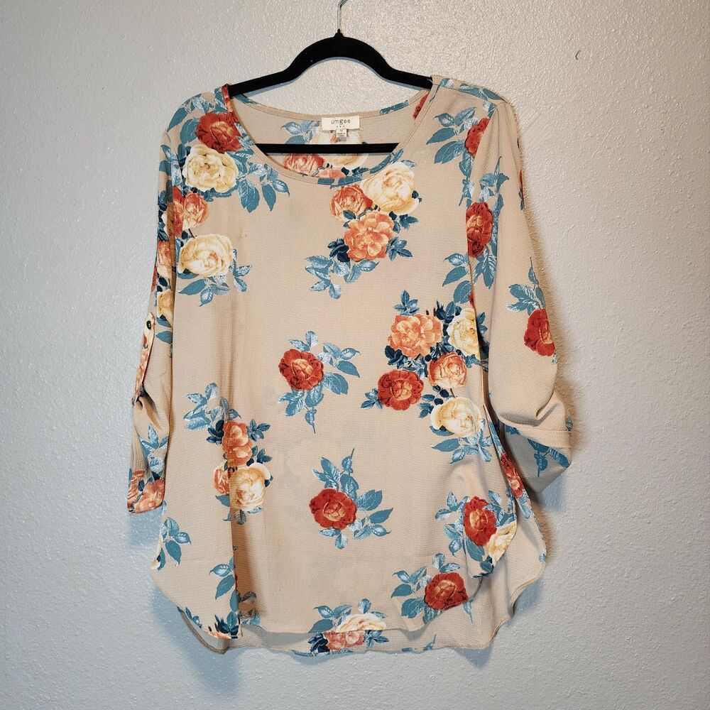 Umgee Womens Floral Tunic Blouse Medium Beige Roll Tab 3/4 Sleeve Boho Top M